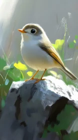 Tiny Bird on Rock with Sunlit Foliage