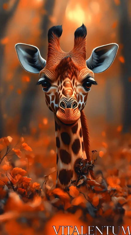 Giraffe Amidst Autumn Leaves AI Image