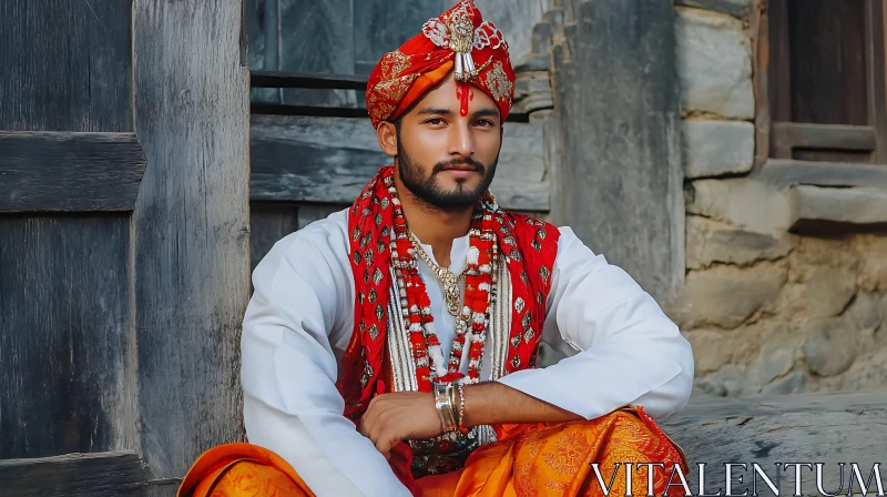 Portrait of Man in Red Turban AI Image