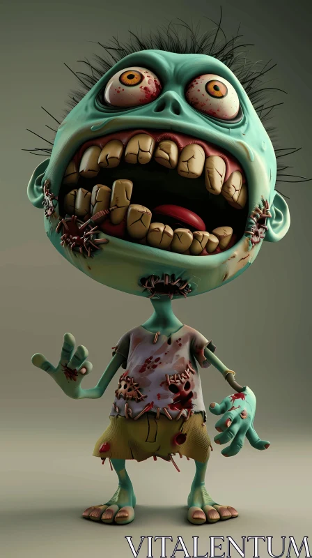 AI ART 3D Rendered Cartoon Zombie with Green Skin and Red Eyes