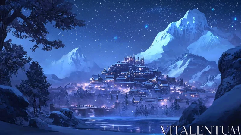 Snowy Village Night With Mountains AI Image