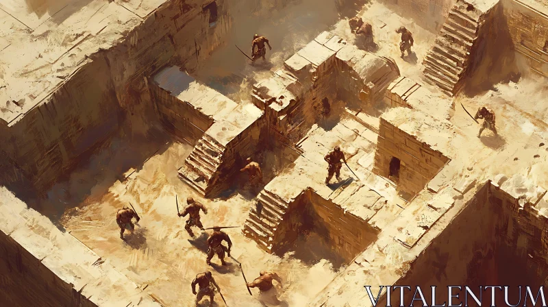 Warriors in Ancient Architecture AI Image