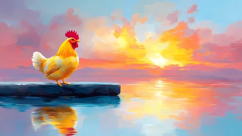 Colorful Rooster and Sunset Reflection