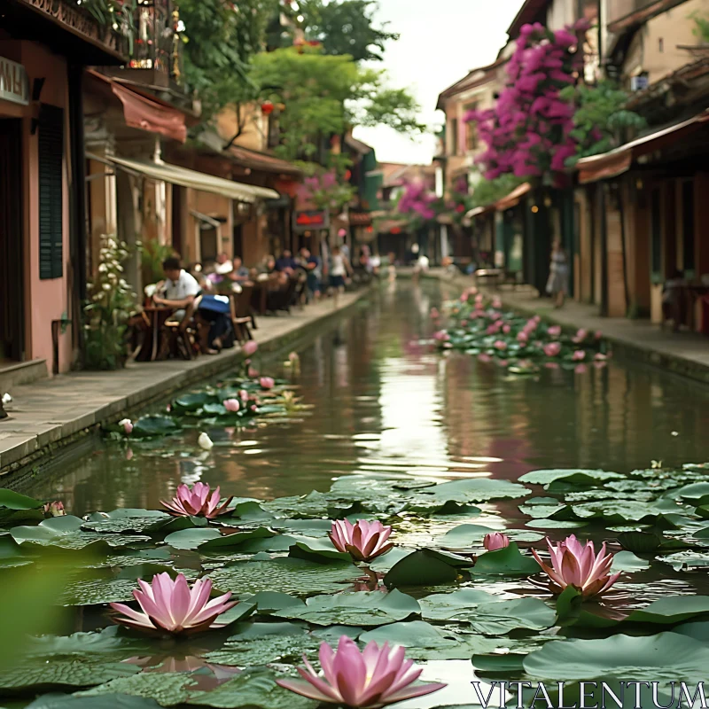 Charming Waterway with Floating Lilies and Bustling Cafes AI Image