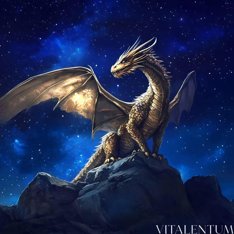 AI ART Golden Dragon on Night Rocks