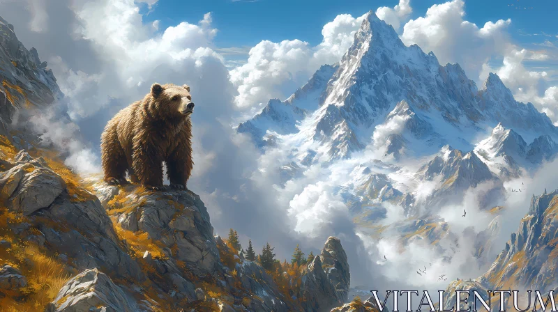 Bear on Rocky Outcrop with Mountain Background AI Image