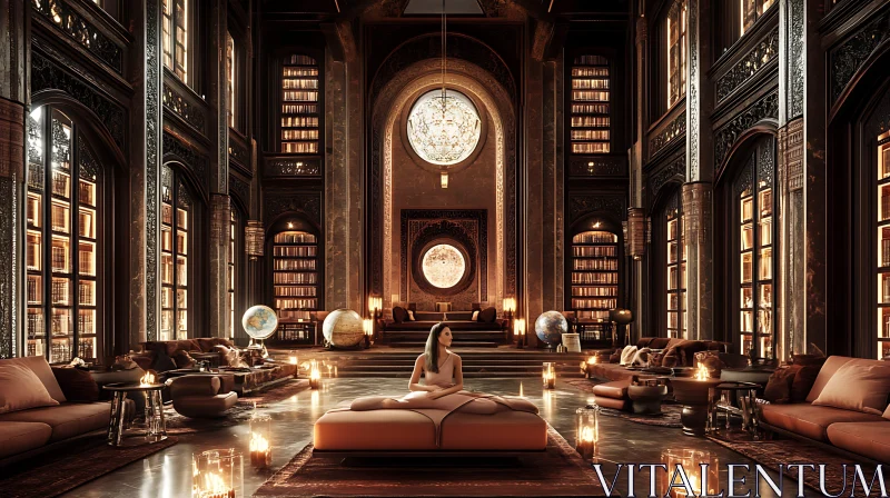 Opulent Library Room with Chandeliers and Leather Sofa AI Image