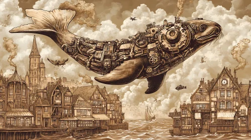 Mechanical Whale Above City