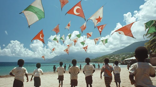 Kids Playing with Kites on Tropical Beach
