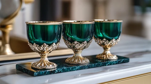 Ornate Emerald Glassware on Marble Display