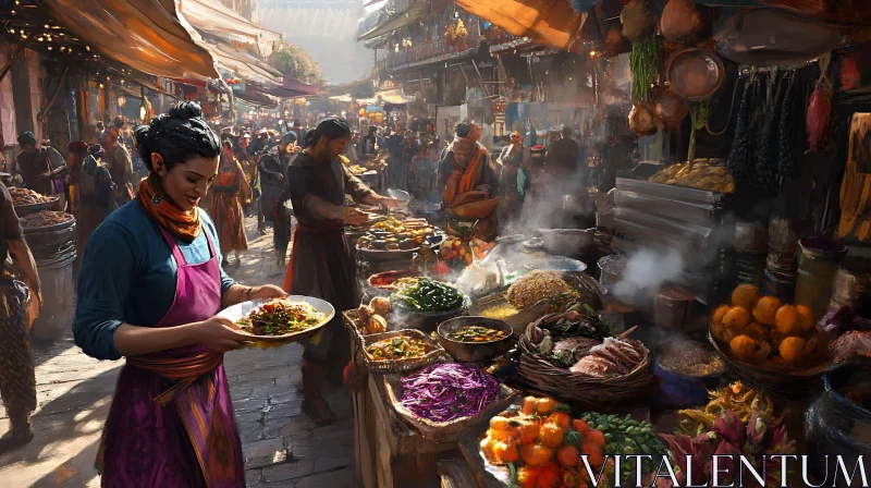 Lively Street Market with Food Stalls AI Image