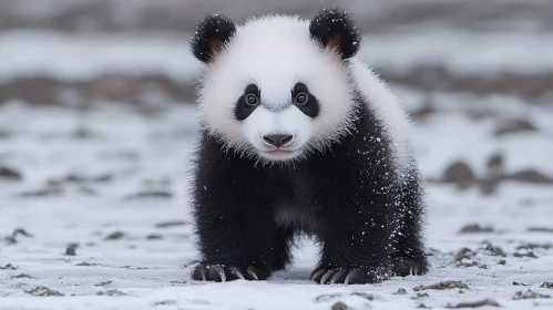 Panda Cub in Snowy Landscape