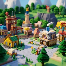 Blocky Buildings and Greenery in Pixel Art