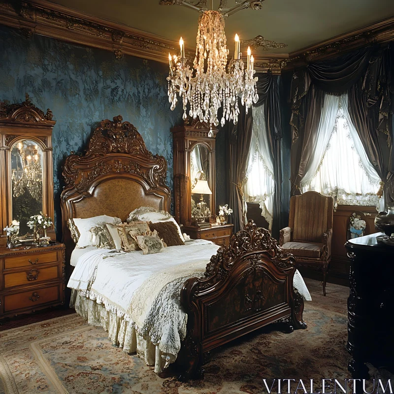 Opulent Bedroom with Chandelier and Antique Furniture AI Image