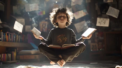 Boy Meditating with Floating Books