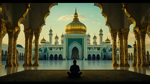 Tranquil Mosque View with Meditating Figure