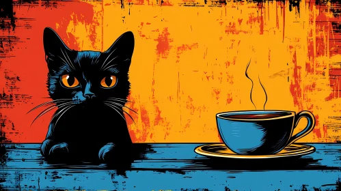 Colorful Pop Art Cat with Coffee Cup