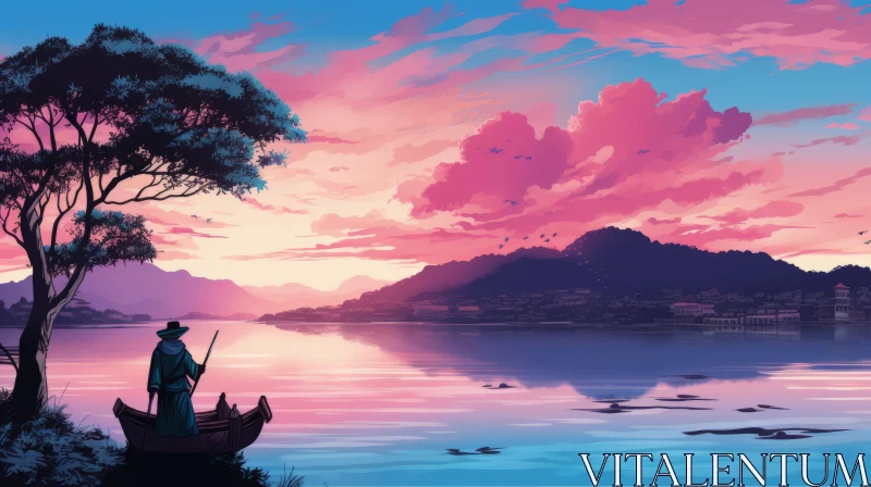 AI ART Captivating Sunset: Man in Boat on a Lake - Anime Art