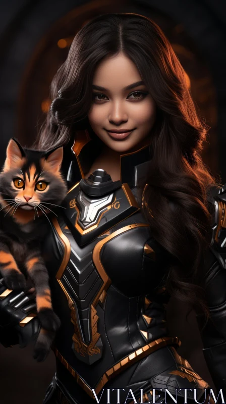 Charming Heroine with Cat Portraiture - Unreal Engine Style AI Image