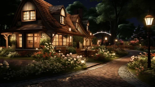 Charming Night Scene with House and Flowers - Villagecore Aesthetic