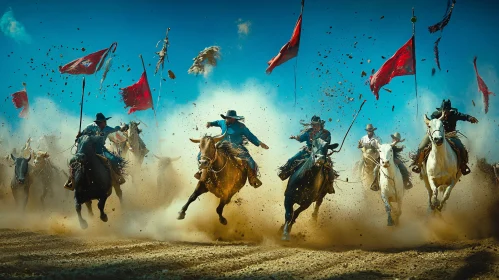 Cowboys Riding Bulls in Rodeo Arena