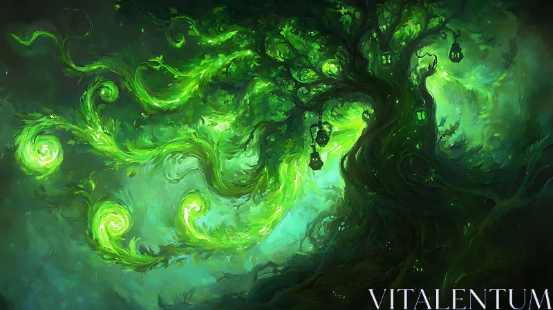 AI ART Mystical Tree with Green Light