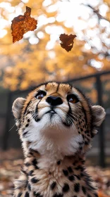 Cheetah Cub with Falling Leaves