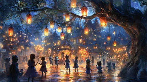 Children Gazing at Lanterns in Fairytale Town