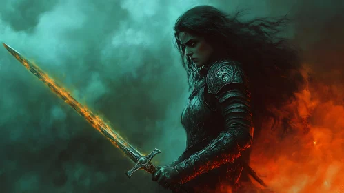 Female Warrior with Fiery Sword