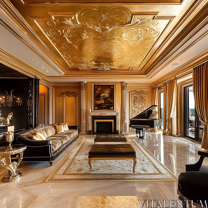 AI ART Luxurious Living Space with Ornate Gold Accents and Grand Piano