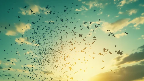 Flock of Birds in Golden Sky