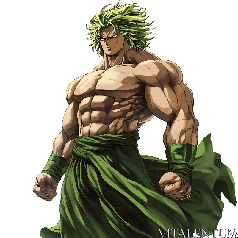 Green Haired Anime Strongman Illustration AI Image