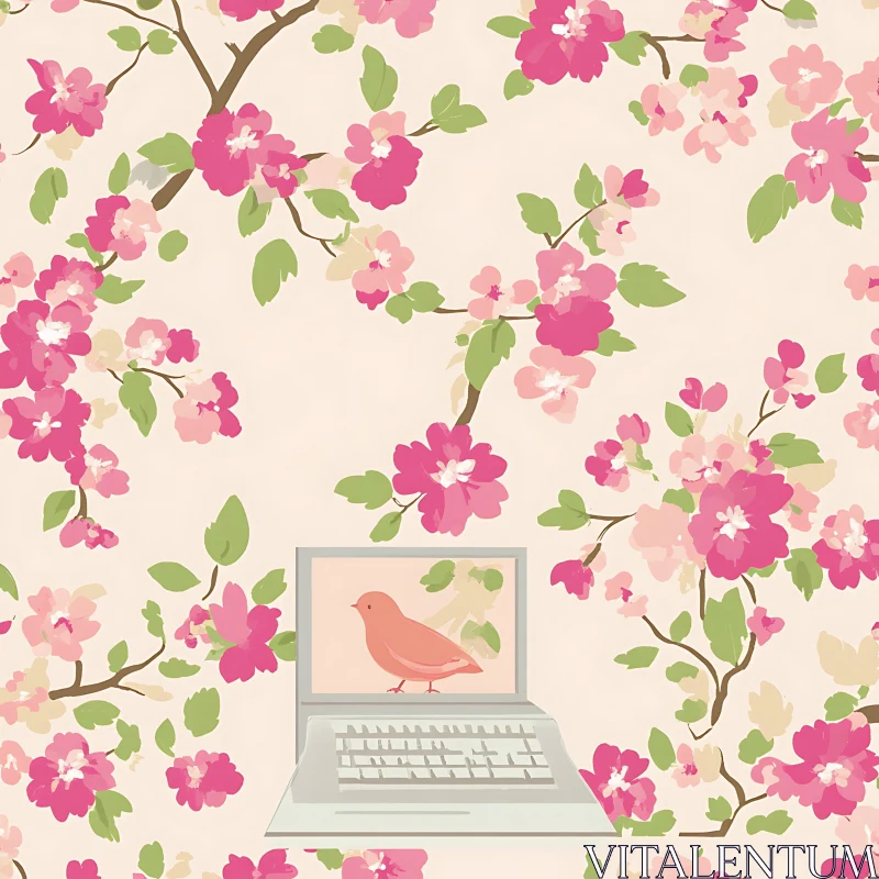 Nature Meets Technology: Floral and Laptop Art AI Image