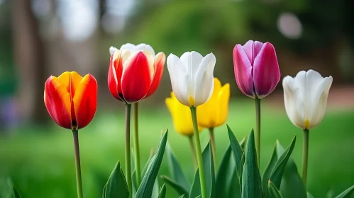 Vibrant Tulips Displaying Various Colors in Garden