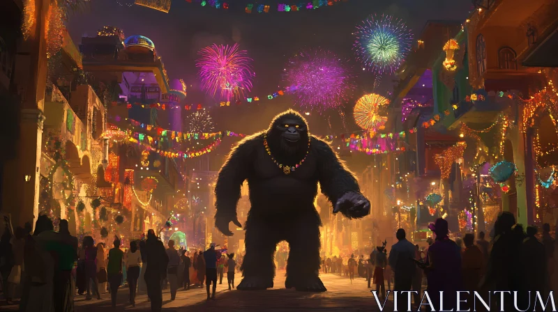 Festive Gorilla Amidst Fireworks Display AI Image