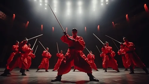 Red Warriors Swordplay Under Stage Lights