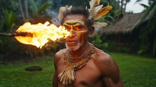 Tribal Man Exhaling Fire in Jungle