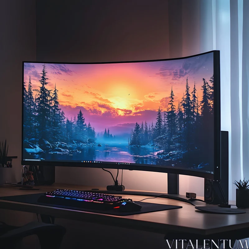 Curved Screen Desk with Scenic Sunset View AI Image