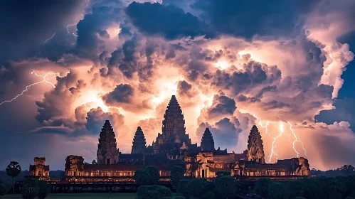 Ancient Temple with Stormy Lightning Sky