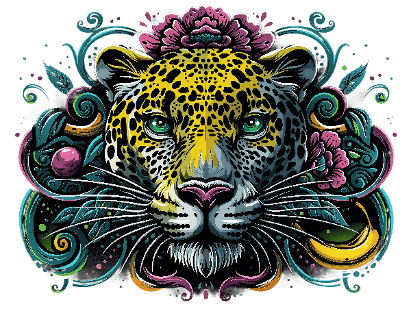 Vivid Leopard T-Shirt Design with Floral Accents POD Design