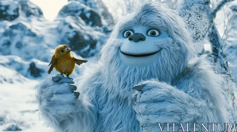 Friendly Yeti with Bird Companion AI Image