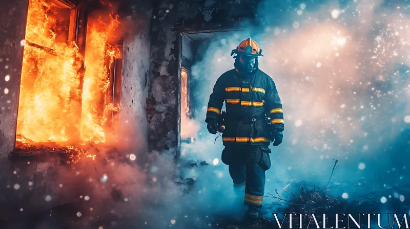 Heroic Firefighter in Smoky Blaze AI Image