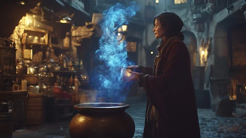 Brewing Magic: A Woman and Her Cauldron