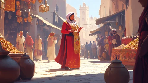 Bustling Market Scene with Woman