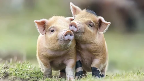 Cute Infant Pigs Embracing in Nature
