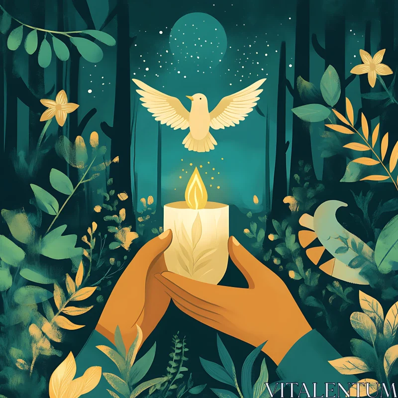 Peaceful Forest Scene with Dove and Candle AI Image