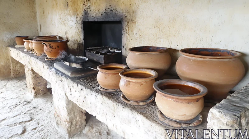 Old Kitchen Still Life with Clay Pots AI Image