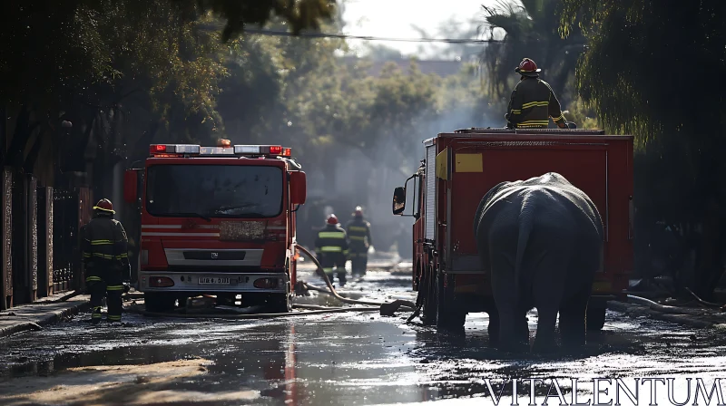 Elephants and Firefighters in Urban Firefighting AI Image