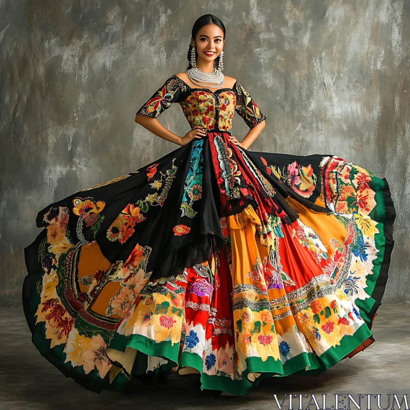 AI ART Woman Posing in Colorful Floral Gown