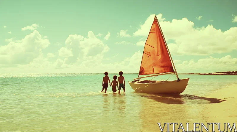 Seaside Adventures: Children and Sailboat AI Image